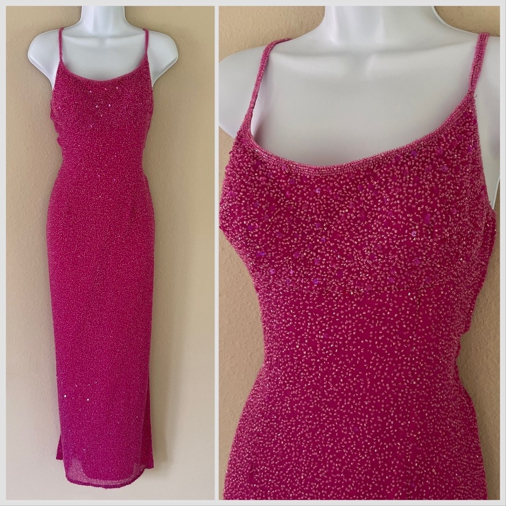 Vintage SCALA Y2K Hot Pink Beaded Silk Maxi Gown Dress M Sequin Prom Wedding